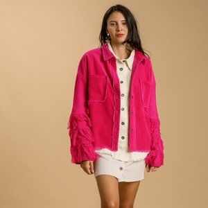 Umgee Hot Pink Corduroy Fringe Button Down Jacket NWT